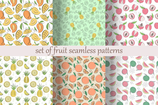 Set of fruit seamless patterns with mango, pineapple, lychee, orange, watermelon in simple flat design. Vector illustration.
