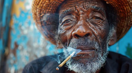 Realistic portrayal of jamaican elder in rastafarian hat smoking marijuana in urban slum - obrazy, fototapety, plakaty
