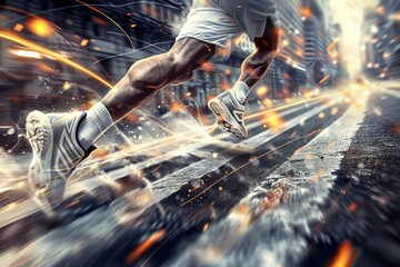 Sports lifestyle, running, cardio training, man and woman running down the street in sneakers, athlete doing exercises in the morning - obrazy, fototapety, plakaty