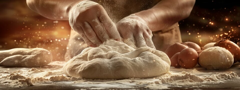 baker chef baking bread making dough mixing with fluor on kitchen table concept of hand made pastry fresh tasty bread