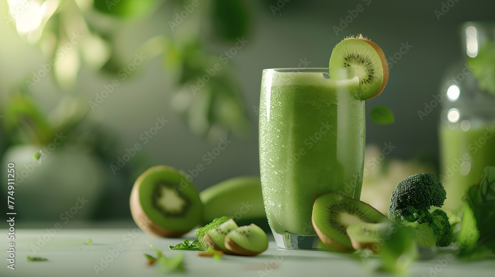 Poster Fresh green smoothie in a glass surrounded by kiwi slices and vegetables on a table. A refreshing drink concept with a focus on health. Vibrant and invigorating nourishment. AI