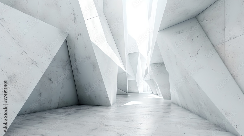 Wall mural minimalistic white architectural design, modern art gallery space. a serene corridor with angular wa