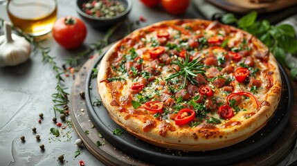 Indulge in a delectable pizza adorned with fresh herbs and peppers for a savory delight - obrazy, fototapety, plakaty
