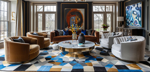 Sophisticated living room with plush velvet and leather furniture, metallic accents, bold geometric...