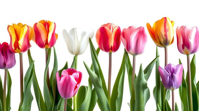 Colorful tulip flowers standing in a row against white background. Simple, elegant, perfect for spring themes. Vibrant natural design. AI