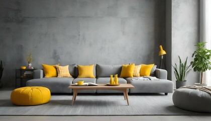 Loft interior design of modern living room, home. Tufted grey sofa with yellow pillows and plaid near tv unit and vibrant yellow pouf in room with concrete wall.
 - obrazy, fototapety, plakaty