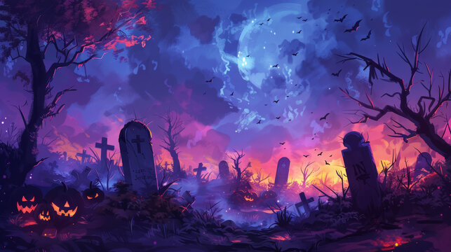 Scary halloween background with cemetery