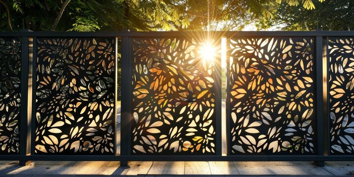 artistic fence featuring metal panels with laser-cut patterns inspired by nature