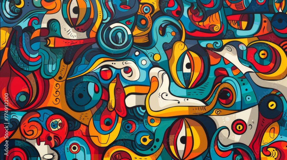 Poster a large painting of a colorful pattern with many different shapes, ai
