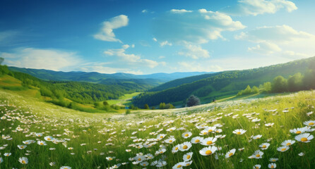 Meadow with flowers and mountains