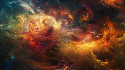Swirling galaxies of color merging and colliding in a cosmic ballet of creation. - obrazy, fototapety, plakaty