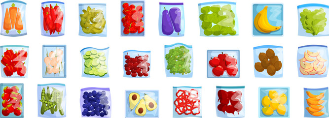 Frozen vegetables icons set cartoon vector. Vitamin product. Cooking recipe
