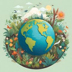 Naklejka premium A serene landscape with a globe at the center, surrounded by diverse flora and fauna