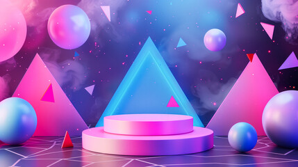 Futuristic pink and purple podium with abstract triangles backdrop and flying colorful shapes on graphite background