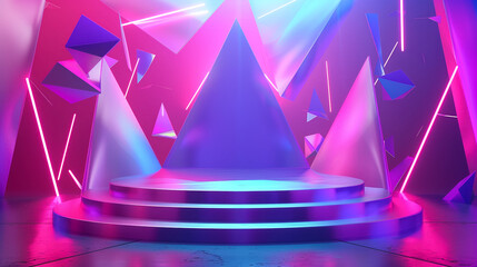 Futuristic pink and purple podium with abstract triangles backdrop and flying colorful shapes on graphite background - obrazy, fototapety, plakaty