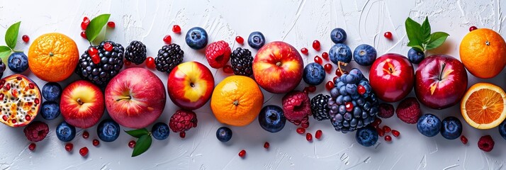 Colorful fruit background with copy space, realistic top view on white, photorealistic stock photo