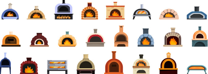 Pizza oven icons set cartoon vector. Italian restaurant. Traditional process - obrazy, fototapety, plakaty