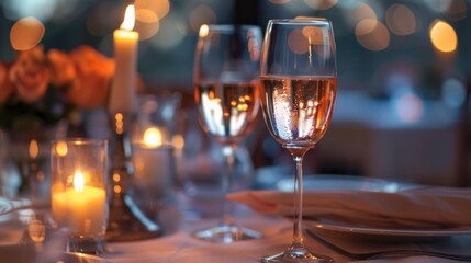 A table with two glasses of wine on it and candles, AI