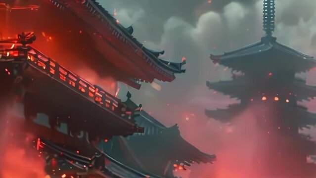 Traditional Japanese style house, dark background