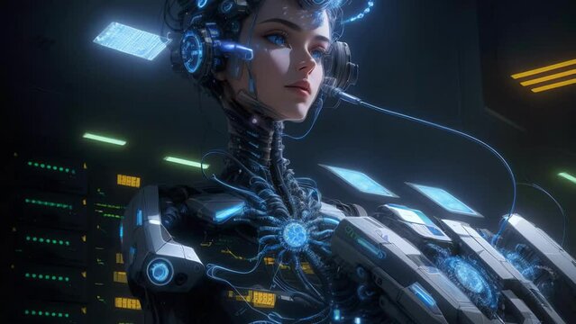 In a Server Room, a Luxurious Cyberpunk Interpretation of Artificial Intelligence: A Humanoid Android Constructed from Cogs, Gears, and Wires, Surrounded by Microchips and Electric Wires, Symbolizing