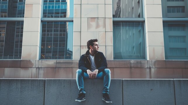 A man sitting on a ledge in front of tall buildings, AI