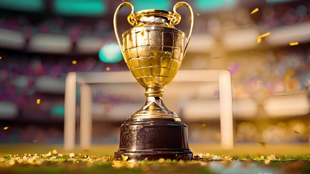 Gold champion trophy, Golden trophy with falling golden confetti, Victory concept Golden sports cup. Winning first place prize in stadium copy space 4k