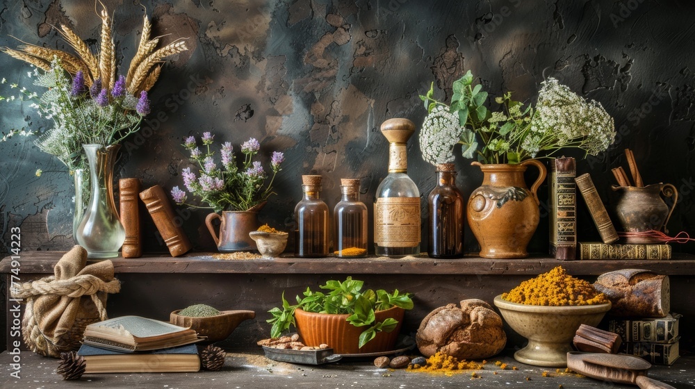 Poster a shelf with many bottles and jars of different things on it, ai