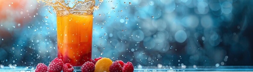 A dynamic, splash moment captured as fruits are dropped into a tall smoothie glass, set against a clean, light backdrop, wide negative space for advertising copy - obrazy, fototapety, plakaty