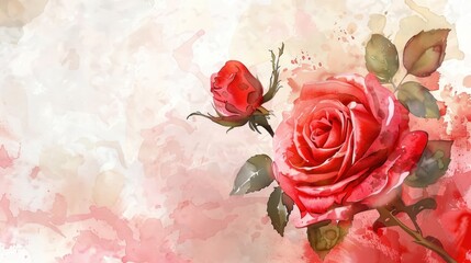 Red rose flowers with watercolor style for invitation wedding card background. AI generated