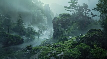 Naklejka na ściany i meble Beautiful misty mountain forest with river fog dark view landscape. AI generated image
