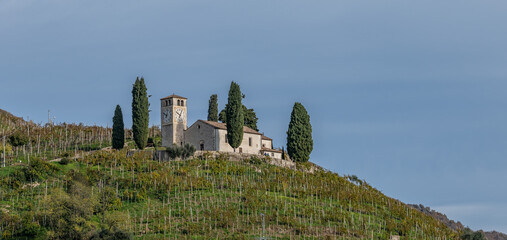 San Vigilio Church in Col San Martino, Prosecco hills,  Veneto, Italy. - 774914445