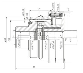 Assembly drawing of drive shaft with coupling. 
Vector cad scheme of steel mechanical device with shaft, gear, 
electric engine, bearing, bolted connection and dimension lines. Cross section. 