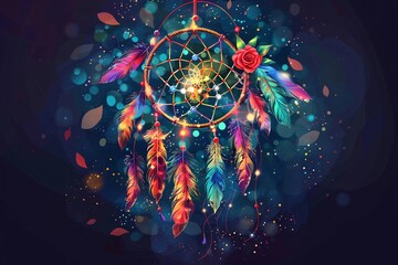 a colorful dream catcher with a rose - obrazy, fototapety, plakaty