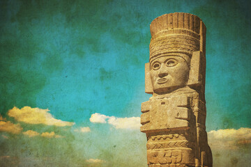 Vintage image of Toltec Warriors or Atlantes columns at Pyramid of Quetzalcoatl in Tula, Mexico..