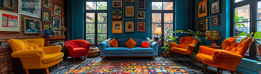 Quirky home office with colorful artwork and unconventional furniturehigh detailed