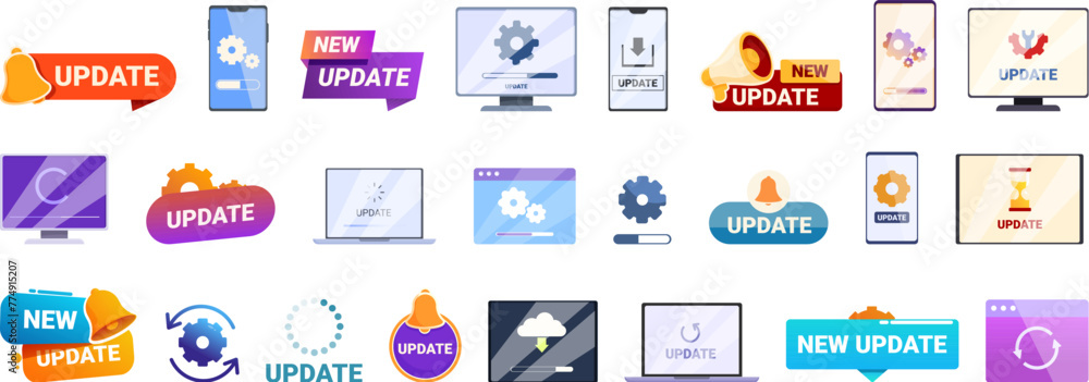 Poster update app software icons set cartoon vector. platform system. use loading