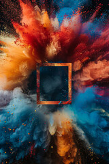 Colorful explosive powders surrounded a blank frame