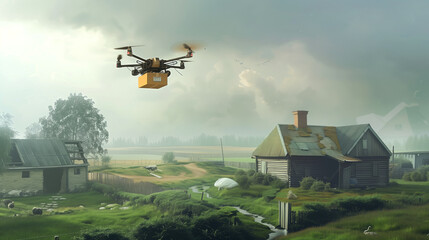 Drone carrying a package over a rural landscape