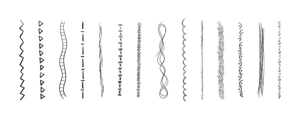 Set of wavy horizontal lines. Marker hand-drawn line border set and scribble design elements. Set of art brushes for pen. Hand drawn grunge brush strokes.