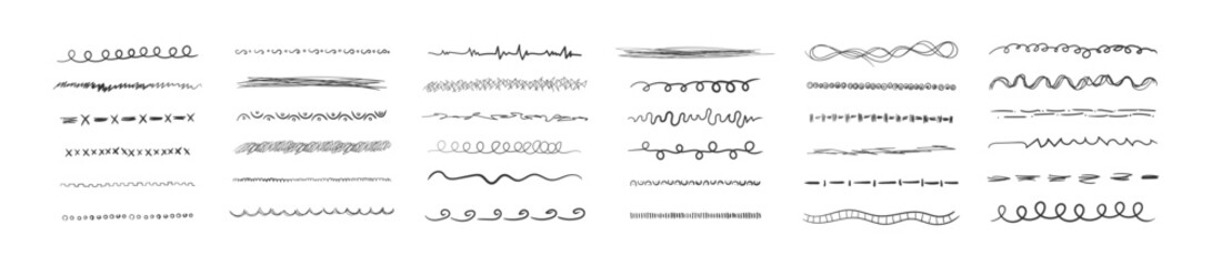Set of wavy horizontal lines. Marker hand-drawn line border set and scribble design elements. Set of art brushes for pen. Hand drawn grunge brush strokes. - obrazy, fototapety, plakaty