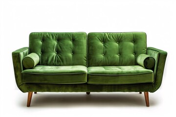a green couch with wooden legs