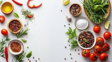 Vibrant top view cooking scene on white background with space for text   realistic and bright