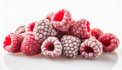Frozen raspberries. Sweet and tasty berries. Summer treat. Organic food. White backdrop.