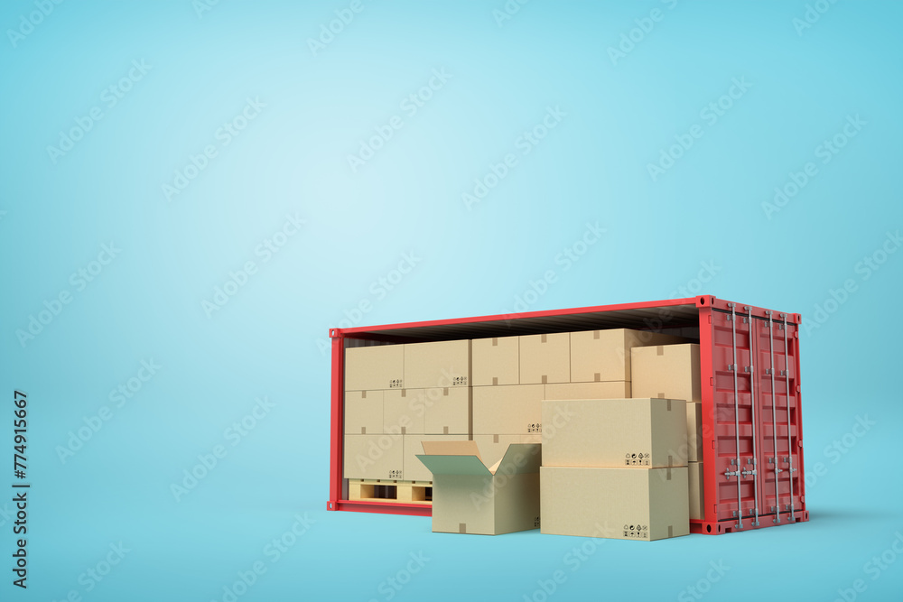 Poster 3d rendering of red shipping container filled with cardboard boxes and wooden pallets on blue backgr