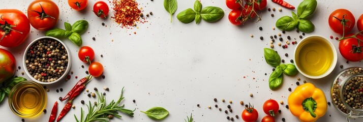 Vibrant top down cooking backdrop on white with generous text space for creative customization