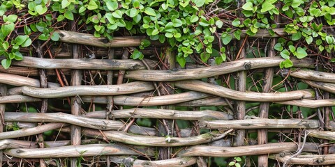 cottage-style wattle fence, using intertwining branches and twigs for a charming, eco-friendly barrier around the garden. - Powered by Adobe