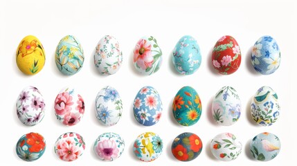 Collection of colourful hand painted decorated easter eggs on white background cutout file. Pattern and floral set. Many different design. Mockup template for artwork design