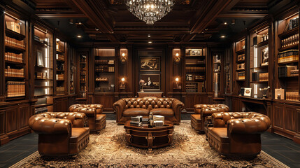 Sophisticated cigar lounge with rich leather chairs and wood accents8K