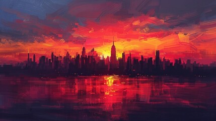Fototapeta premium A dramatic skyline silhouetted against the fiery hues of a sunset, painted with bold strokes of oil colors.