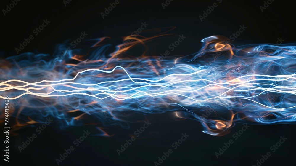 Sticker Abstract representation of dynamic light trails of blue and orange colors on a dark background